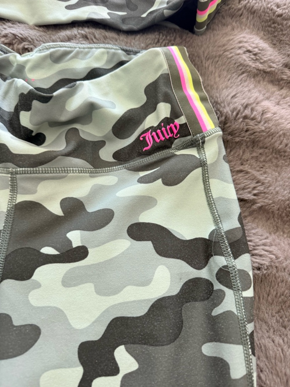 Juicy Couture Women's Green Camo Athletic Shorts with Pink Logo and Neon Trim